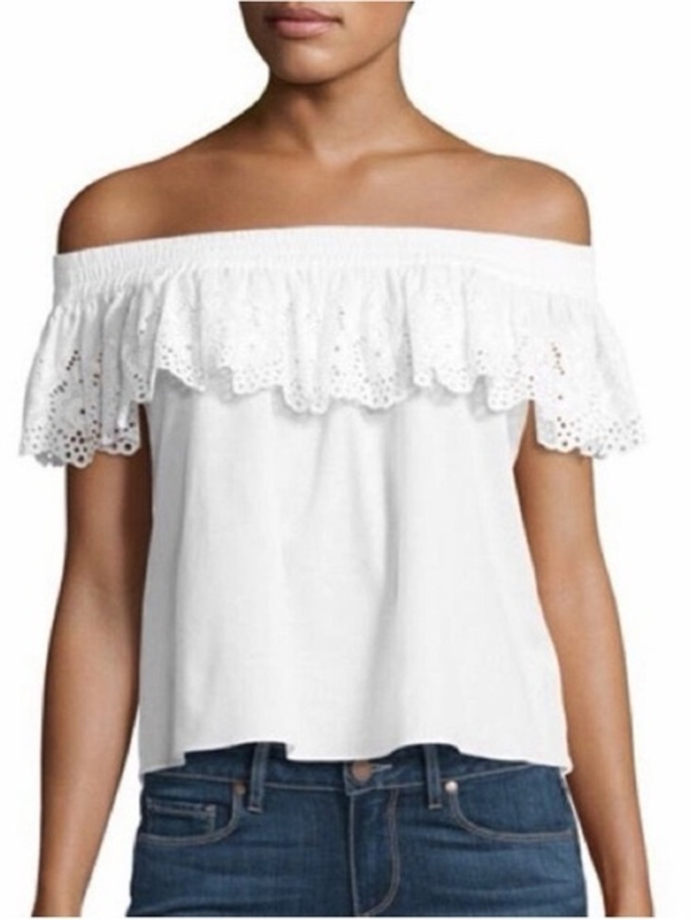 NWOT - MISA Los Angeles White Eyelet Ruffled Off-Shoulder Top (L)